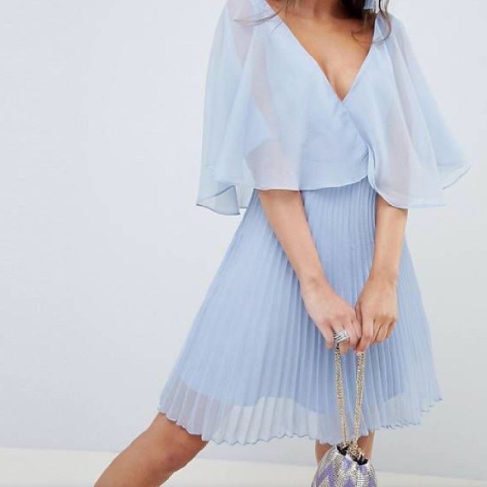 ASOS blue midi dress pleat skirt & flutter sleeve